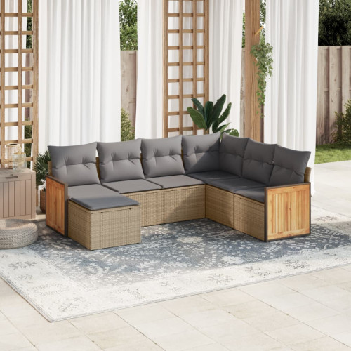vidaXL Matgrupp för trädgården med dynor 7 delar beige konstrotting