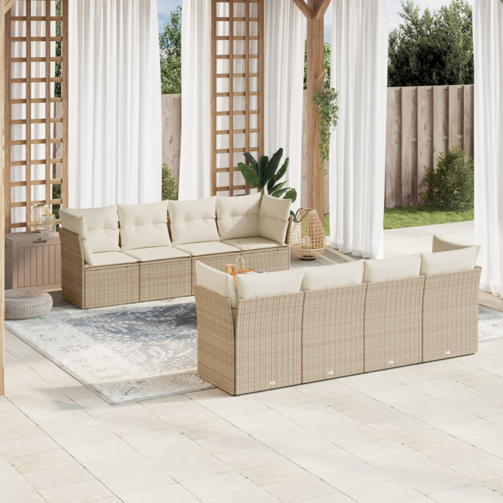 Produktbild för Soffgrupp för trädgården med dynor 9 delar beige konstrotting