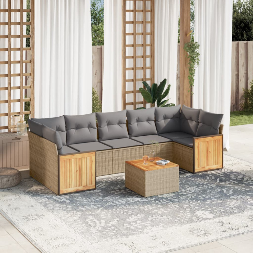 Produktbild för Matgrupp för trädgården med dynor 8 delar beige konstrotting