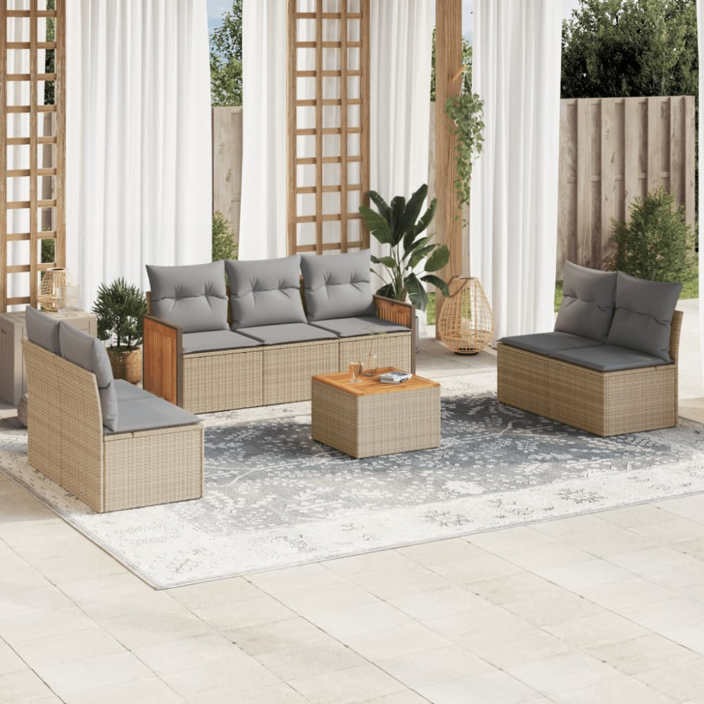 Produktbild för Matgrupp för trädgården med dynor 8 delar beige konstrotting