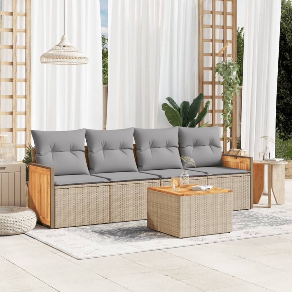 Produktbild för Soffgrupp för trädgården med dynor 5 delar beige konstrotting