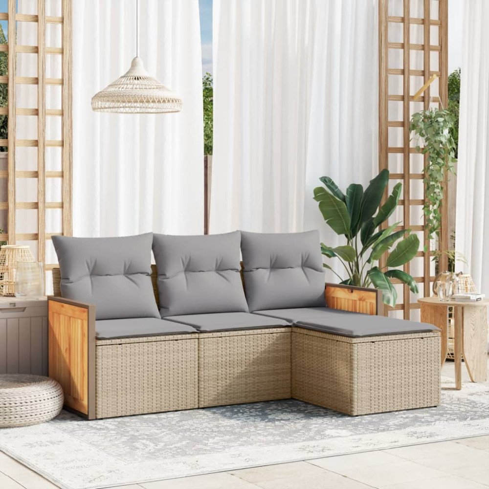 Produktbild för Soffgrupp för trädgård med dynor 4 delar beige konstrotting