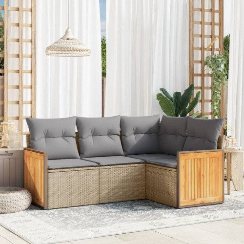 vidaXL Soffgrupp för trädgård med dynor 4 delar beige konstrotting