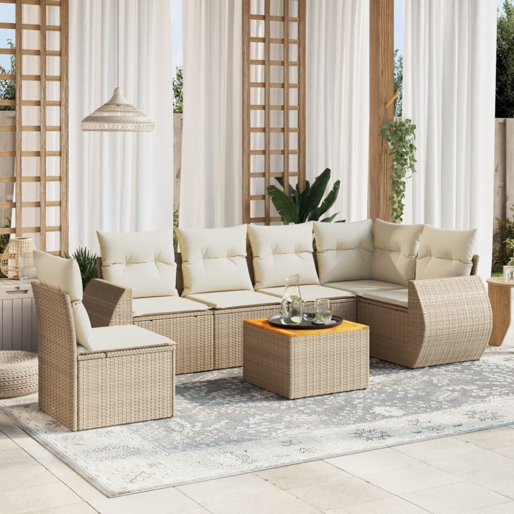 Produktbild för Matgrupp för trädgården med dynor 7 delar beige konstrotting