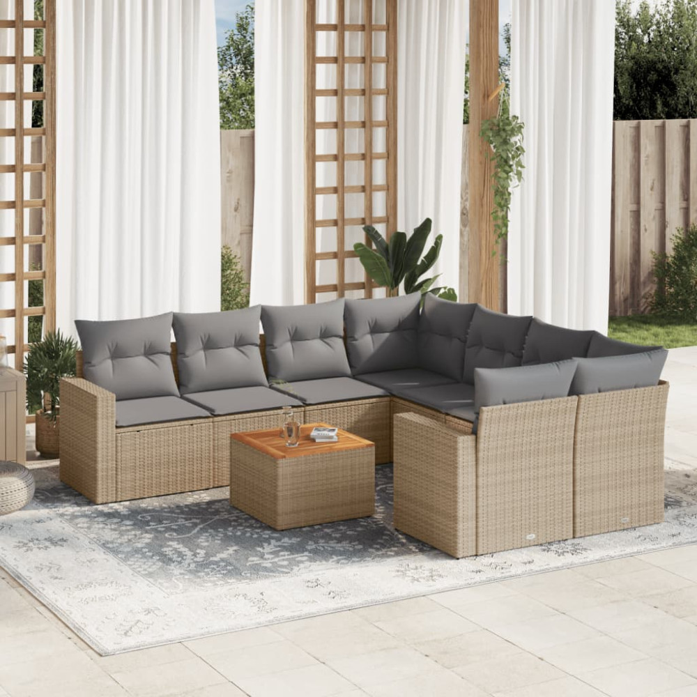 Produktbild för Soffgrupp för trädgården med dynor 9 delar beige konstrotting