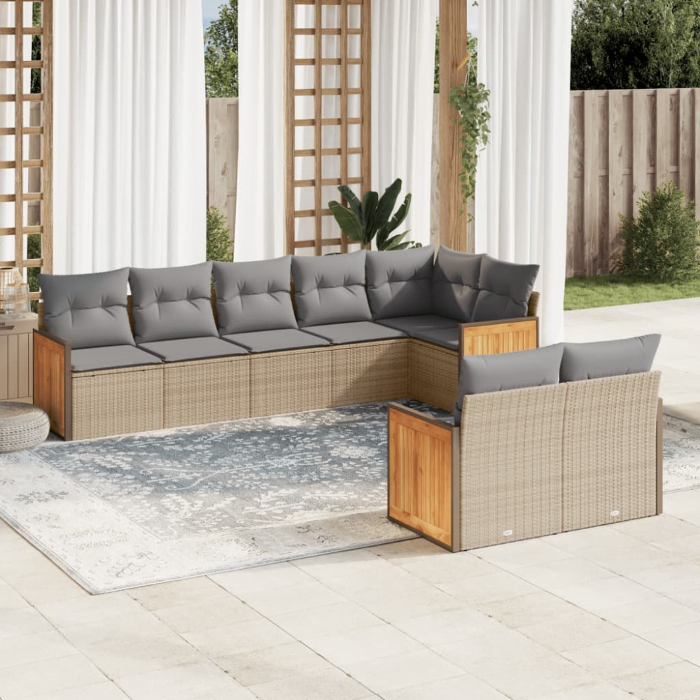 Produktbild för Matgrupp för trädgården med dynor 8 delar beige konstrotting