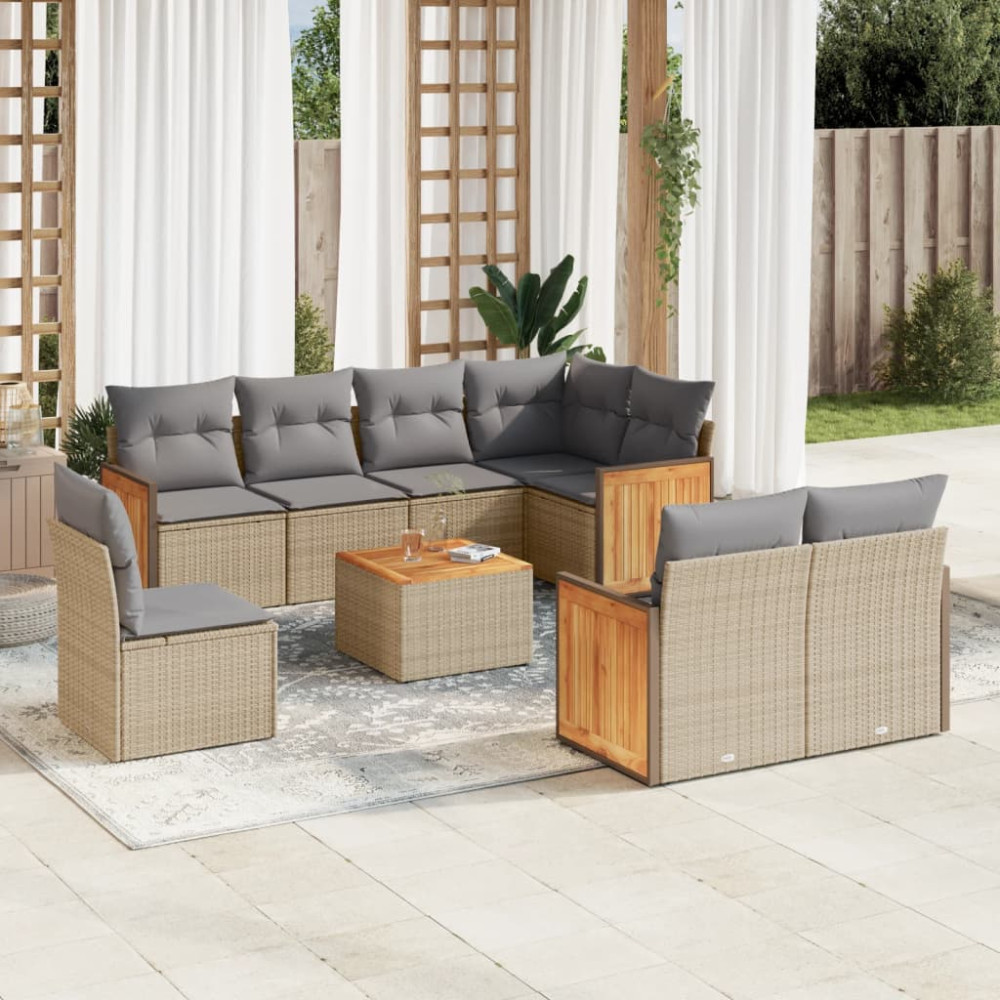 Produktbild för Soffgrupp för trädgården med dynor 9 delar beige konstrotting