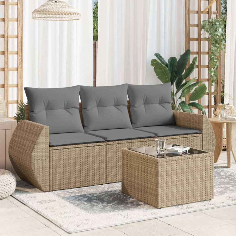 Produktbild för Soffgrupp för trädgård med dynor 4 delar beige konstrotting