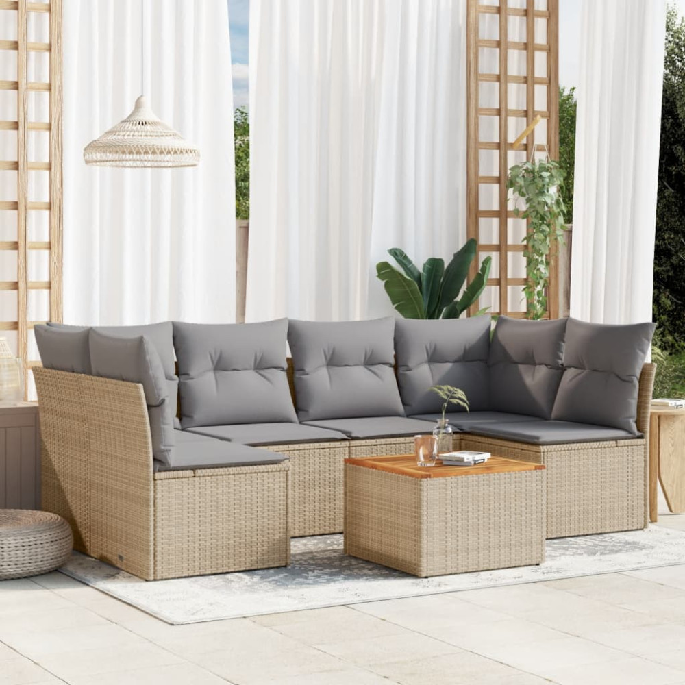 Produktbild för Matgrupp för trädgården med dynor 7 delar beige konstrotting