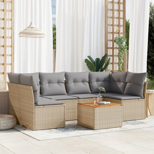 vidaXL Matgrupp för trädgården med dynor 7 delar beige konstrotting