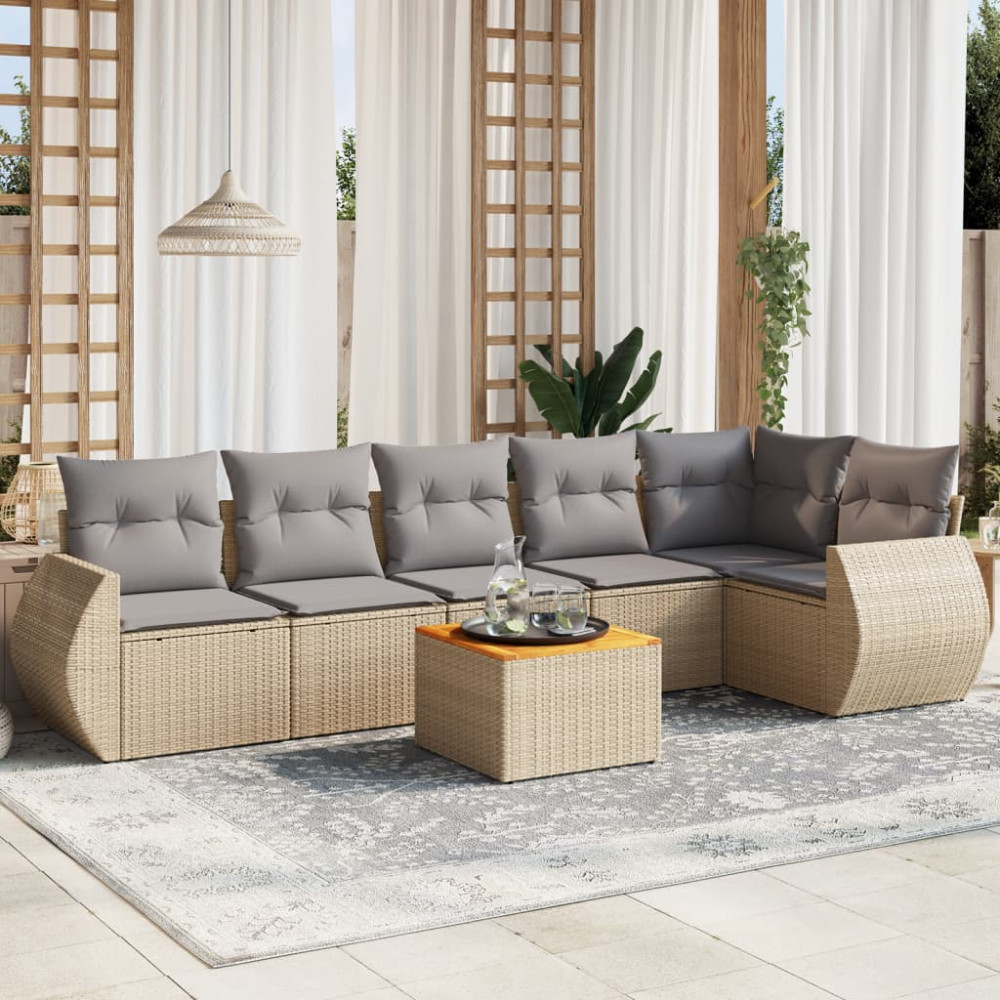 Produktbild för Matgrupp för trädgården med dynor 7 delar beige konstrotting