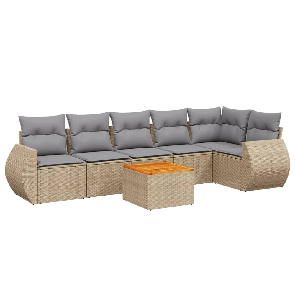 Produktbild för Matgrupp för trädgården med dynor 7 delar beige konstrotting