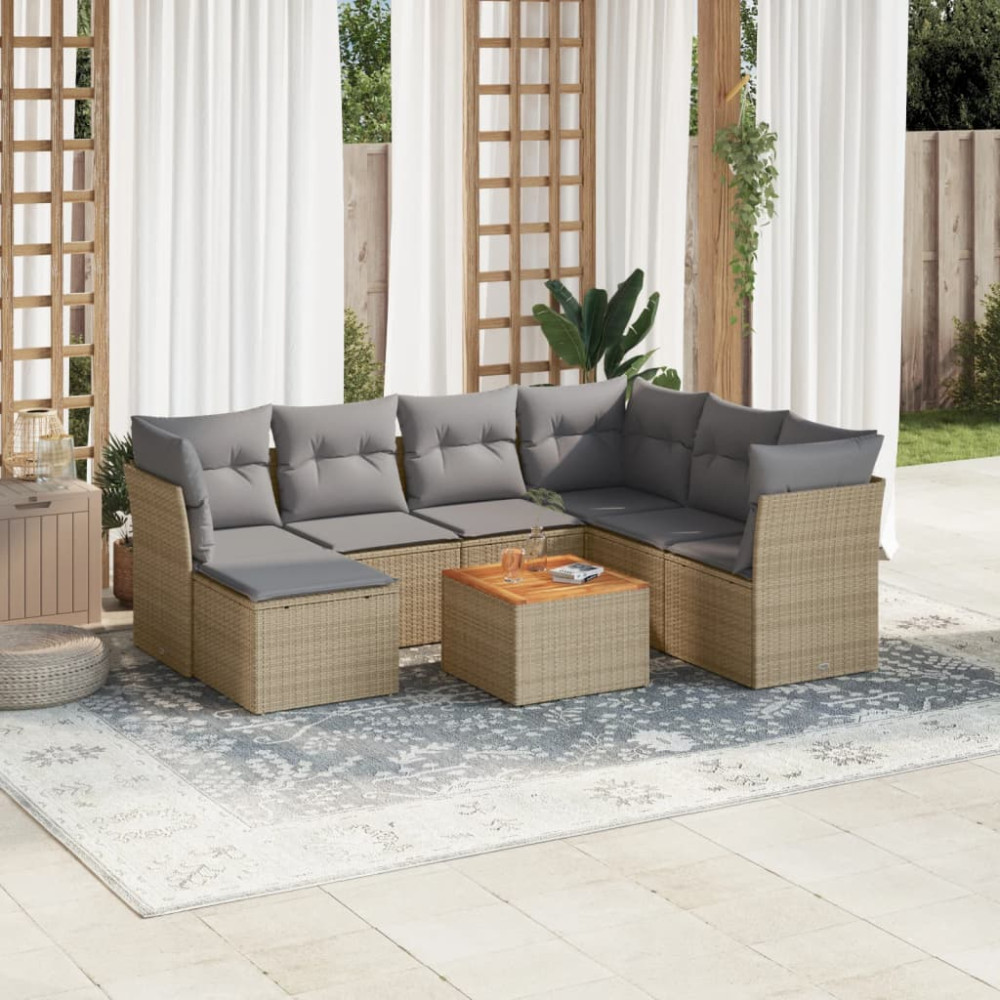 Produktbild för Matgrupp för trädgården med dynor 8 delar beige konstrotting