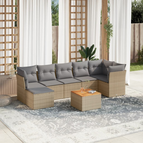 vidaXL Matgrupp för trädgården med dynor 8 delar beige konstrotting