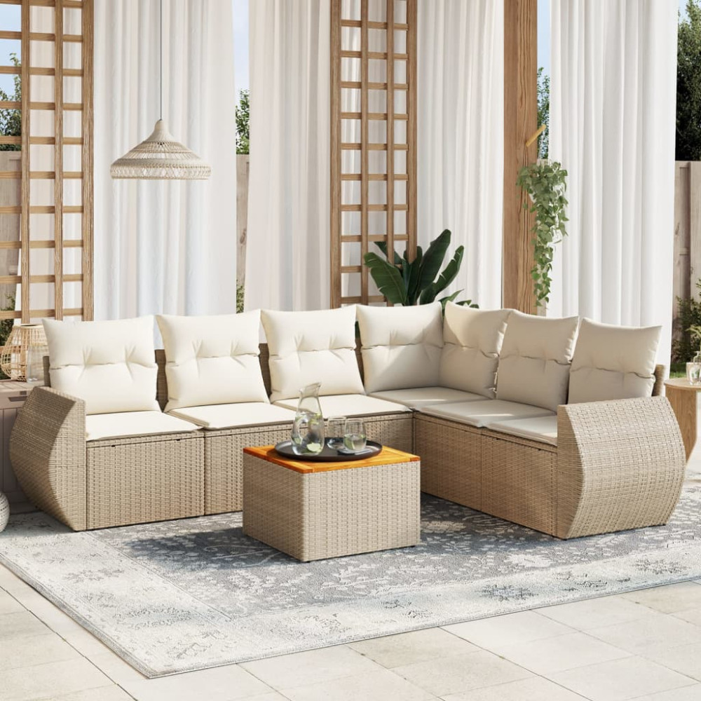 Produktbild för Matgrupp för trädgården med dynor 7 delar beige konstrotting