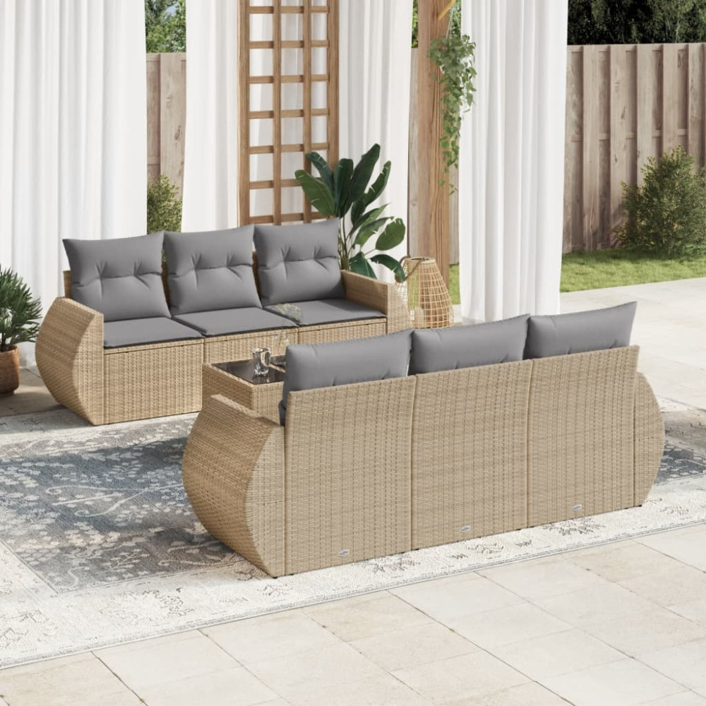 Produktbild för Matgrupp för trädgården med dynor 7 delar beige konstrotting