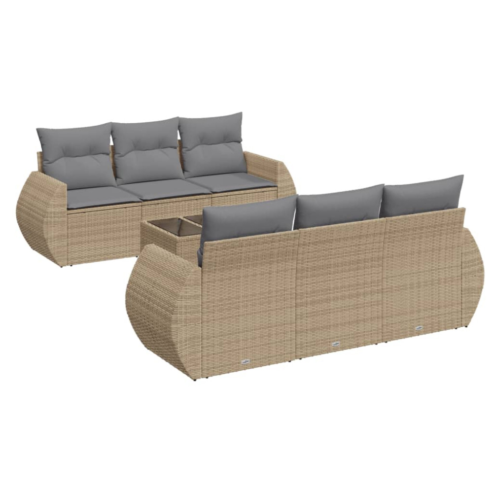Produktbild för Matgrupp för trädgården med dynor 7 delar beige konstrotting
