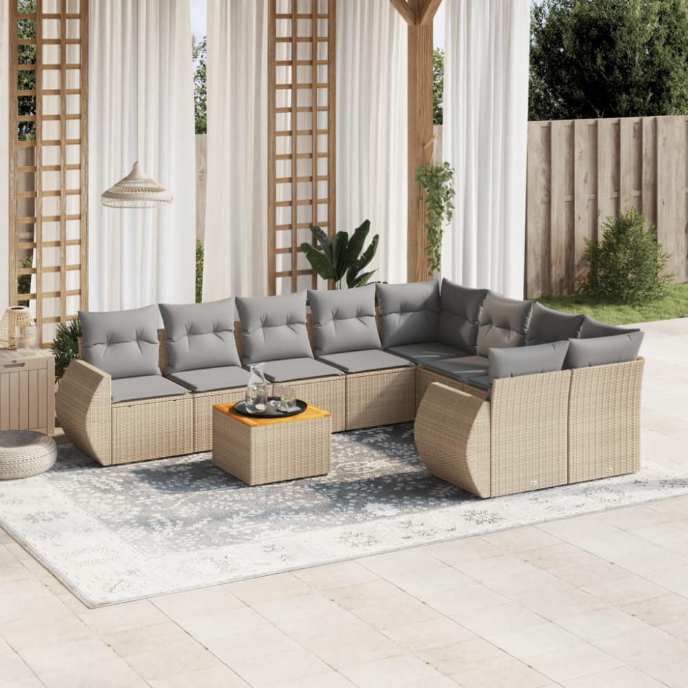 Produktbild för Soffgrupp för trädgården med dynor 9 delar beige konstrotting