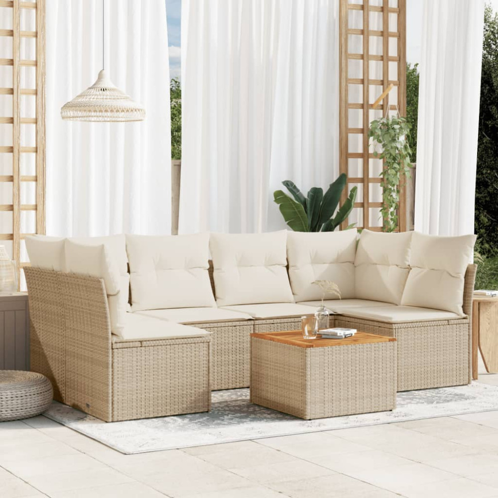 Produktbild för Matgrupp för trädgården med dynor 7 delar beige konstrotting