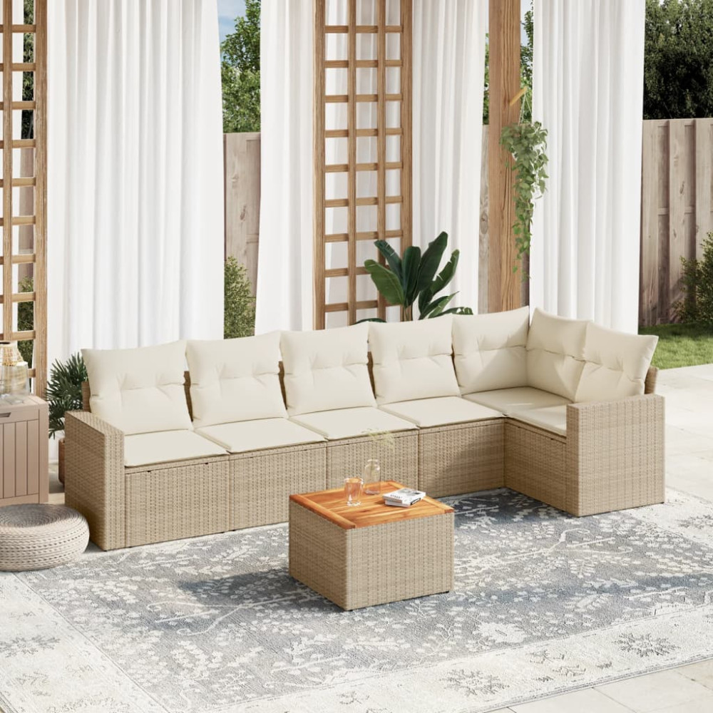Produktbild för Matgrupp för trädgården med dynor 7 delar beige konstrotting