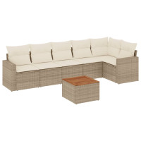 Produktbild för Matgrupp för trädgården med dynor 7 delar beige konstrotting