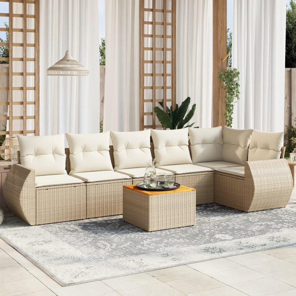 Produktbild för Matgrupp för trädgården med dynor 7 delar beige konstrotting