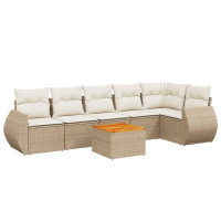 Produktbild för Matgrupp för trädgården med dynor 7 delar beige konstrotting