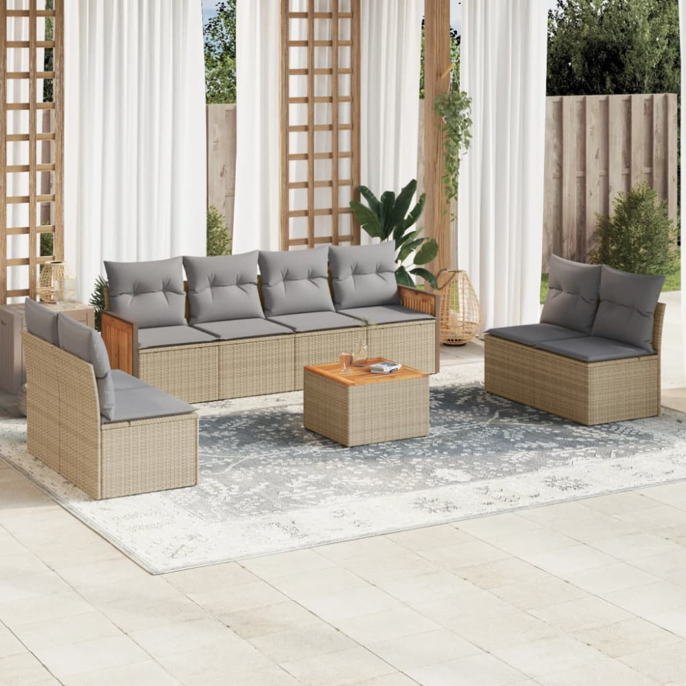Produktbild för Soffgrupp för trädgården med dynor 9 delar beige konstrotting