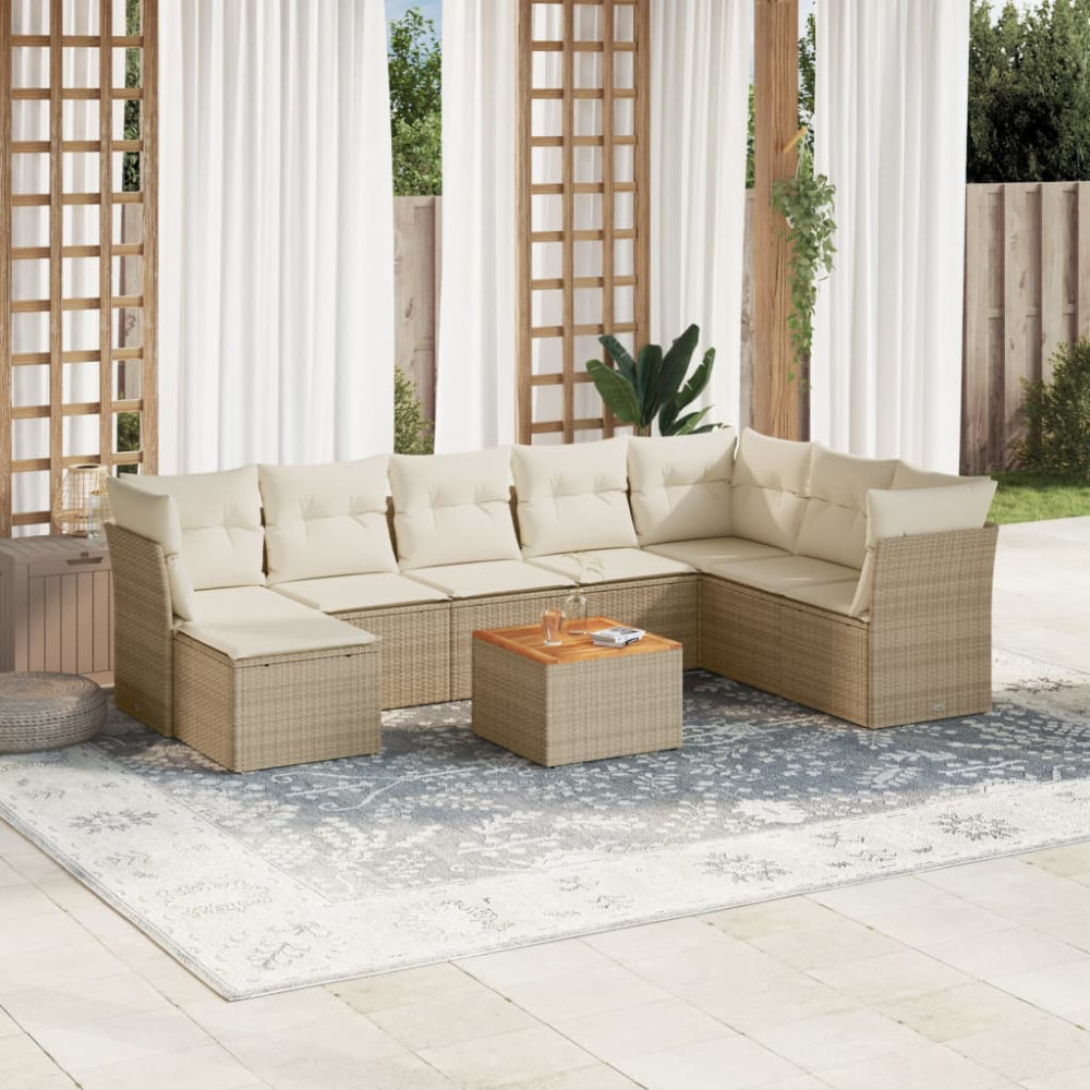 Produktbild för Soffgrupp för trädgården med dynor 9 delar beige konstrotting