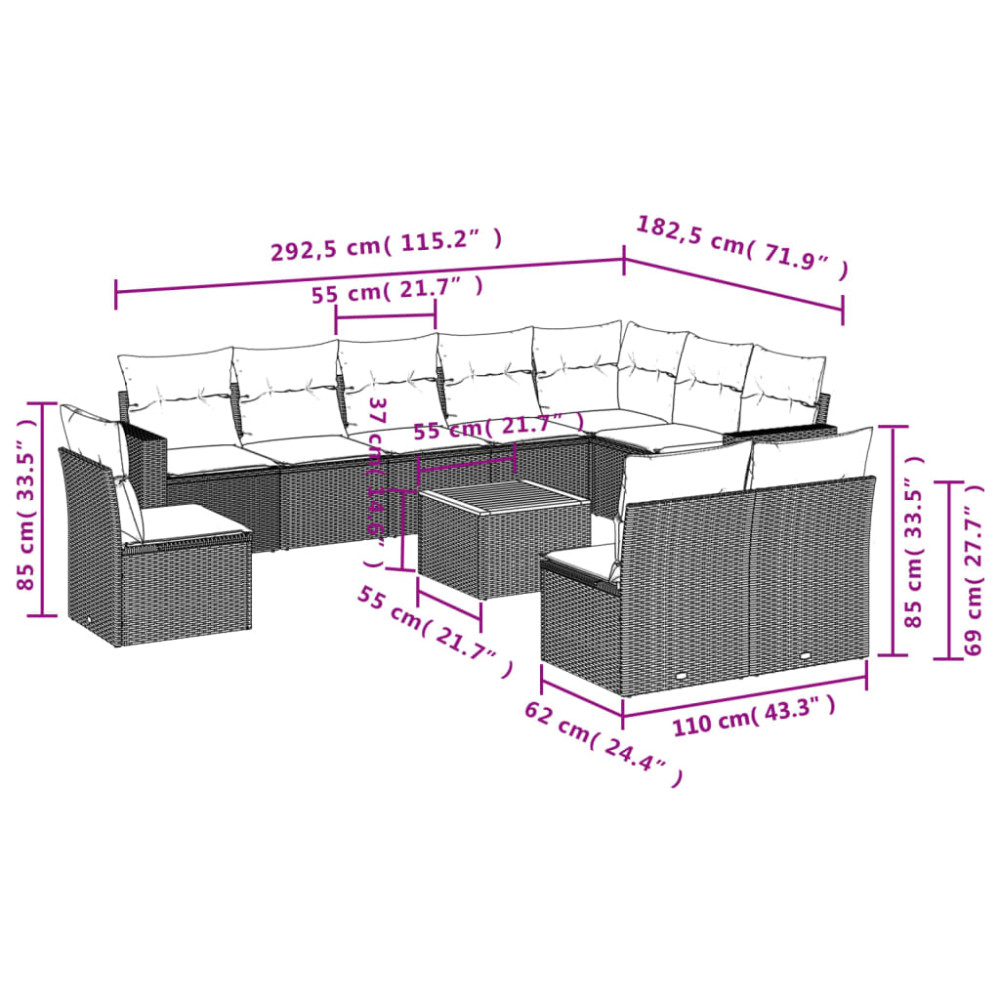 Produktbild för Loungegrupp för trädgården m. dynor 11 delar konstrotting svart