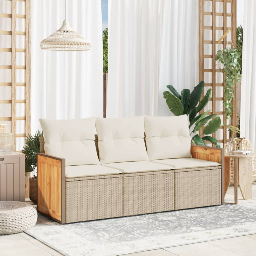 Produktbild för Soffgrupp för trädgården 3 delar med dynor beige konstrotting