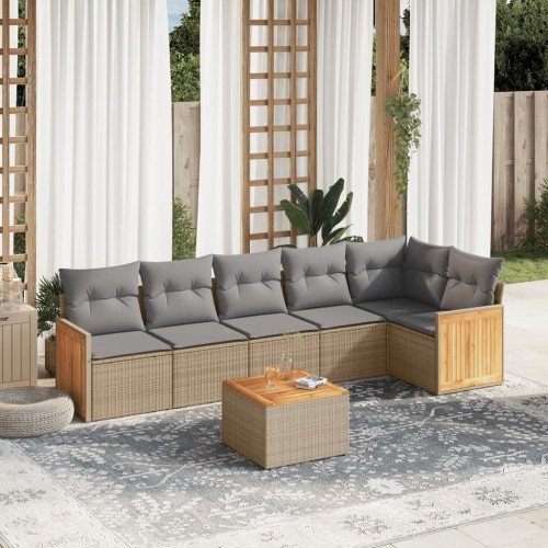 vidaXL Matgrupp för trädgården med dynor 7 delar beige konstrotting