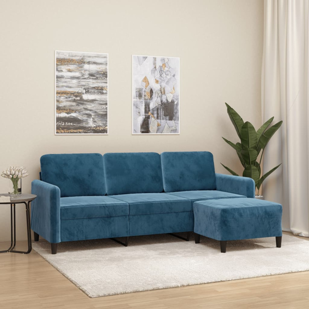 Produktbild för 3-sitssoffa med fotpall blå 180 cm sammet