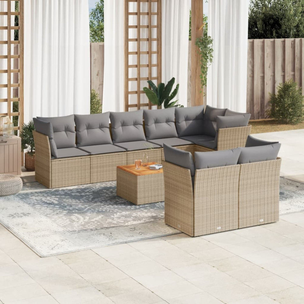 Produktbild för Soffgrupp för trädgården med dynor 9 delar beige konstrotting