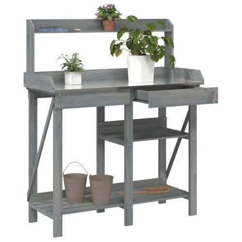 vidaXL Planteringsbord med hyllor grå massivt granträ