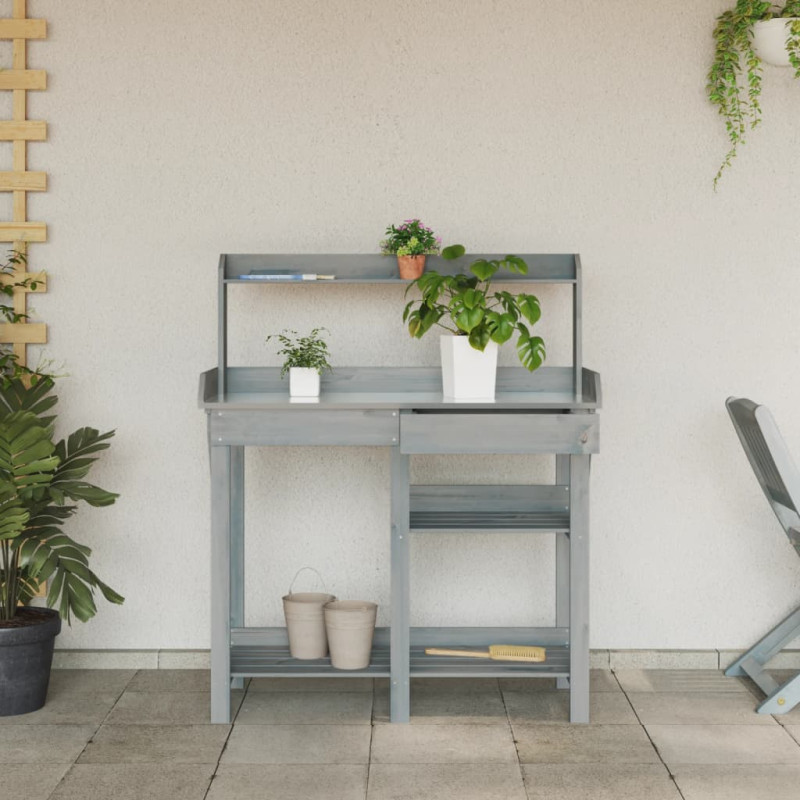 Produktbild för Planteringsbord med hyllor grå massivt granträ