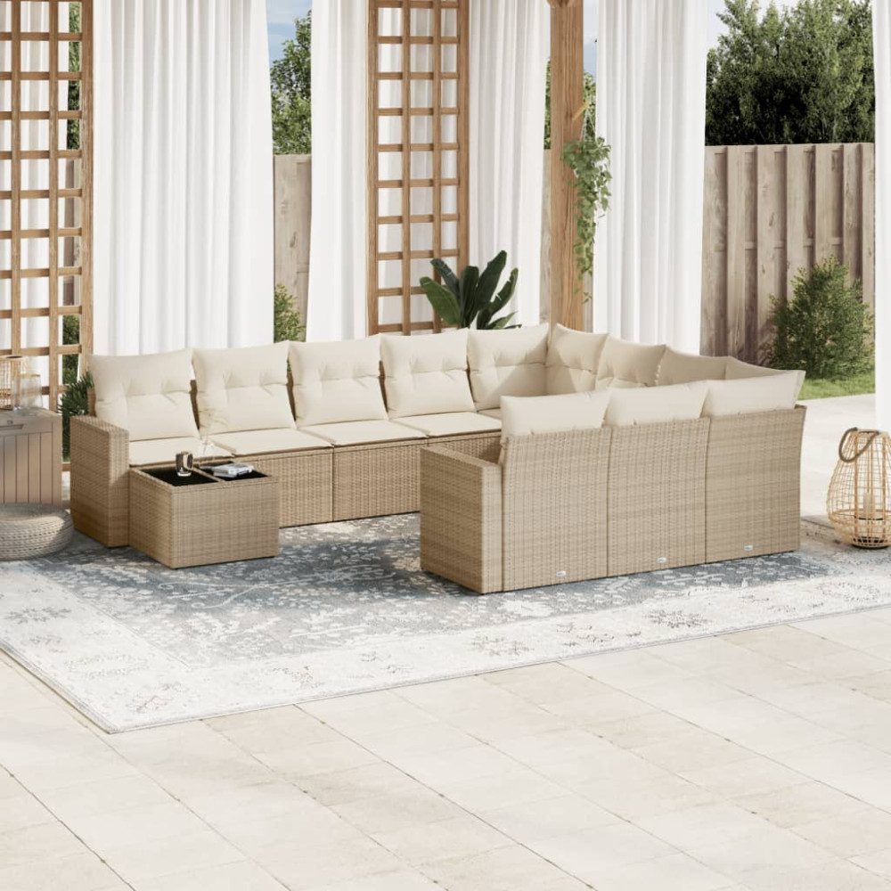 Produktbild för Loungegrupp för trädgården m. dynor 11 delar beige konstrotting