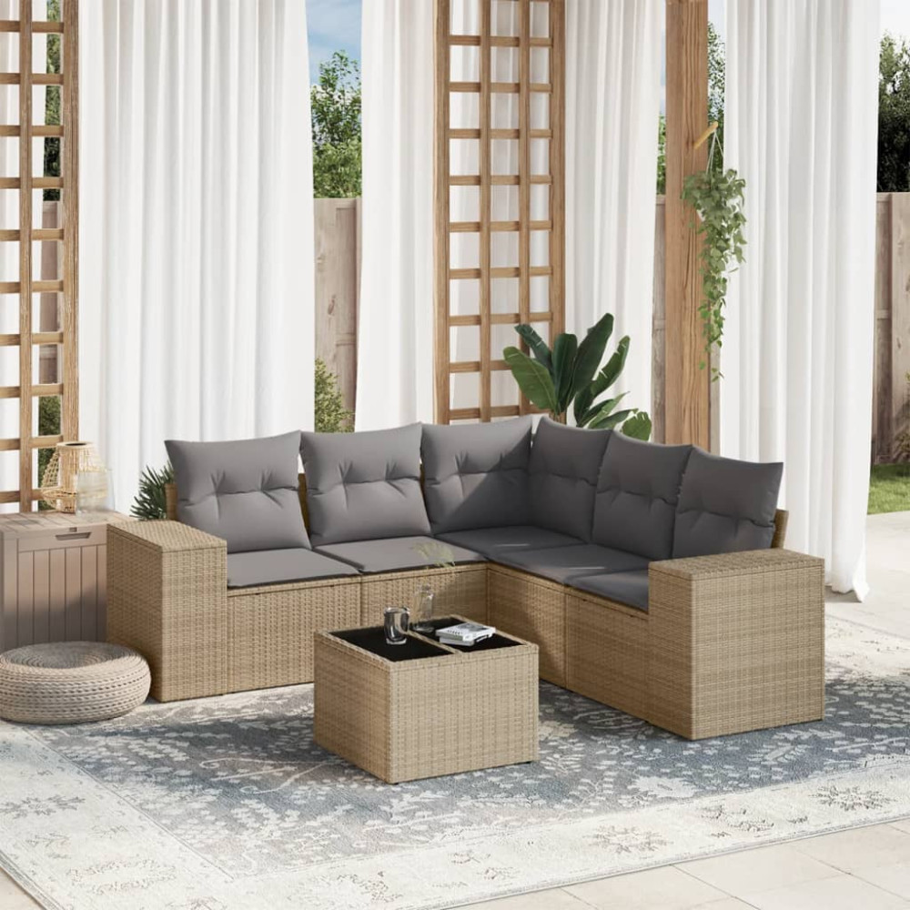 Produktbild för Soffgrupp för trädgården med dynor 6 delar beige konstrotting