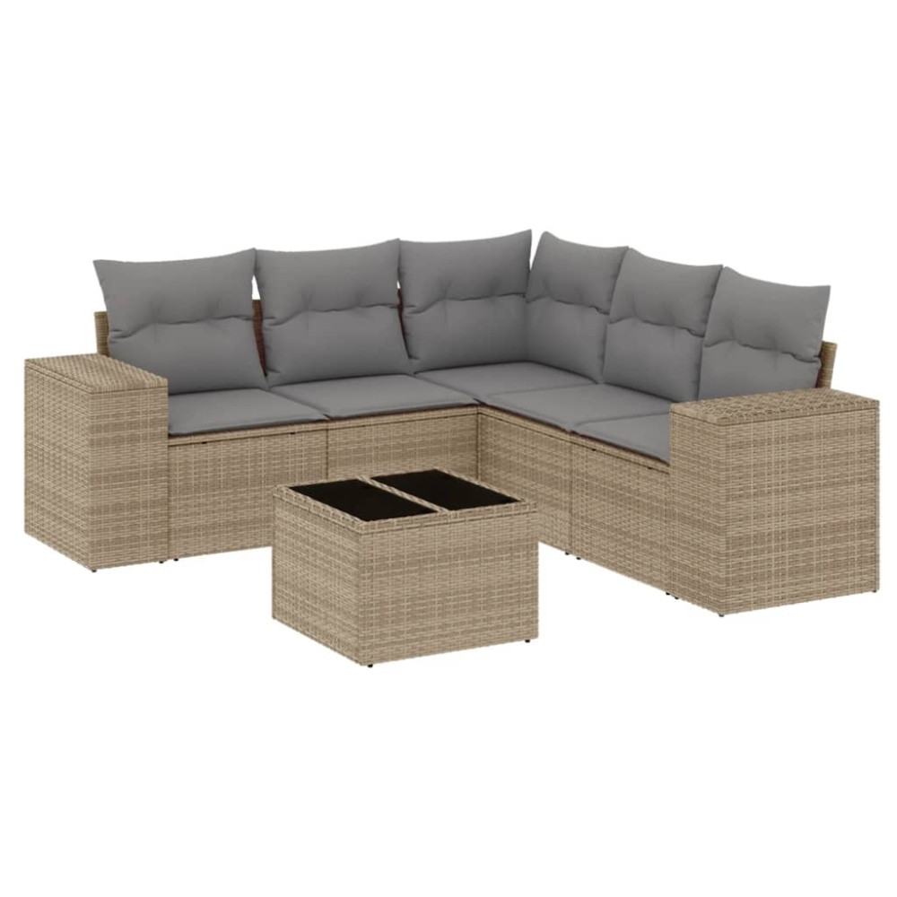 Produktbild för Soffgrupp för trädgården med dynor 6 delar beige konstrotting