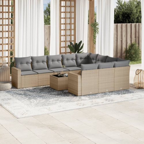 vidaXL Loungegrupp för trädgården m. dynor 11 delar beige konstrotting