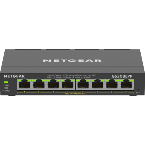 Netgear NETGEAR 8-Port Gigabit Ethernet High-Power PoE+ Plus Switch (GS308EPP) hanterad L2/L3 Gigabit Ethernet (10/100/1000) Strömförsörjning via Ethernet (PoE) stöd Svart