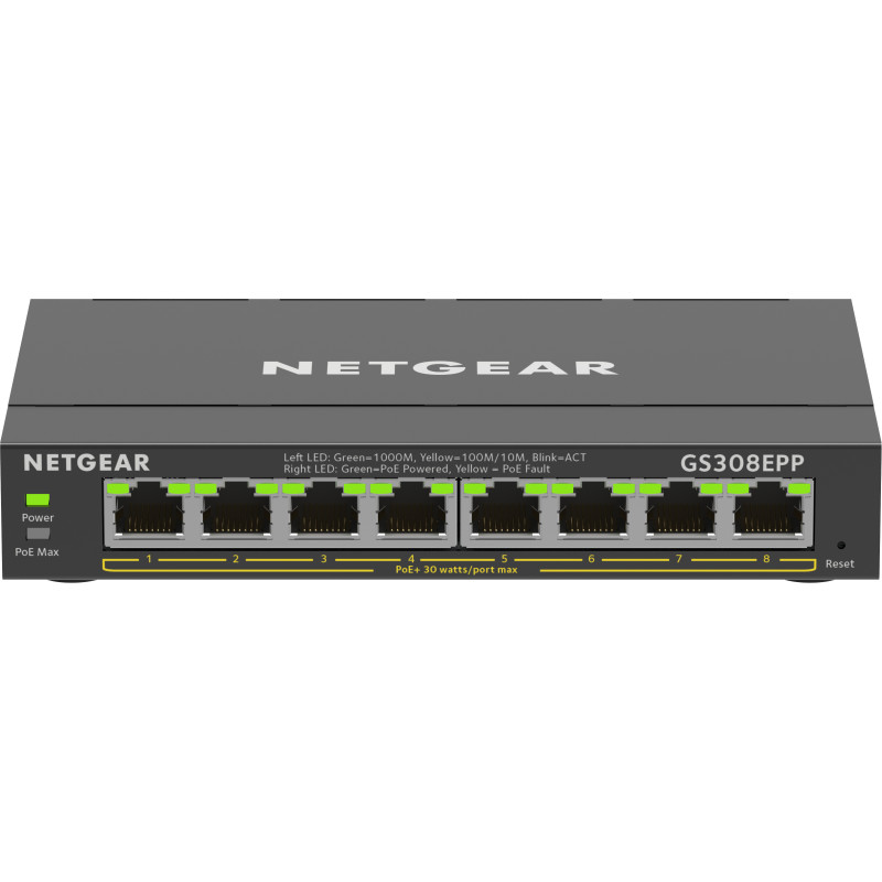 Produktbild för NETGEAR 8-Port Gigabit Ethernet High-Power PoE+ Plus Switch (GS308EPP) hanterad L2/L3 Gigabit Ethernet (10/100/1000) Strömförsörjning via Ethernet (PoE) stöd Svart