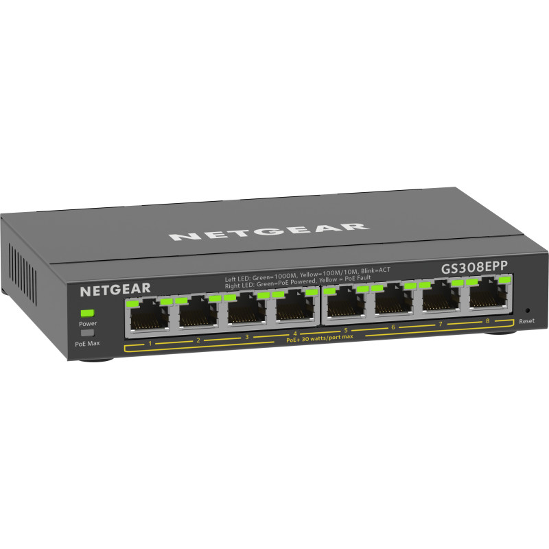 Produktbild för NETGEAR 8-Port Gigabit Ethernet High-Power PoE+ Plus Switch (GS308EPP) hanterad L2/L3 Gigabit Ethernet (10/100/1000) Strömförsörjning via Ethernet (PoE) stöd Svart