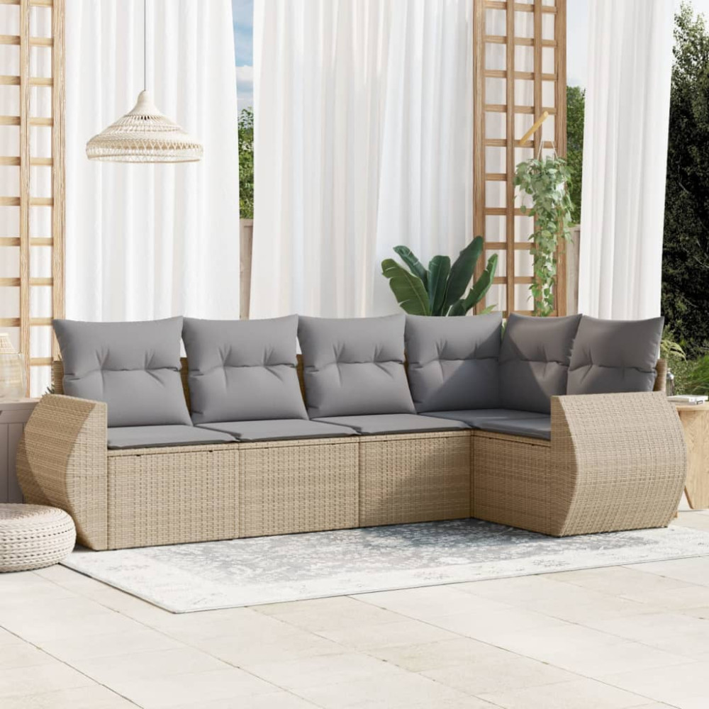Produktbild för Soffgrupp för trädgården med dynor 5 delar beige konstrotting