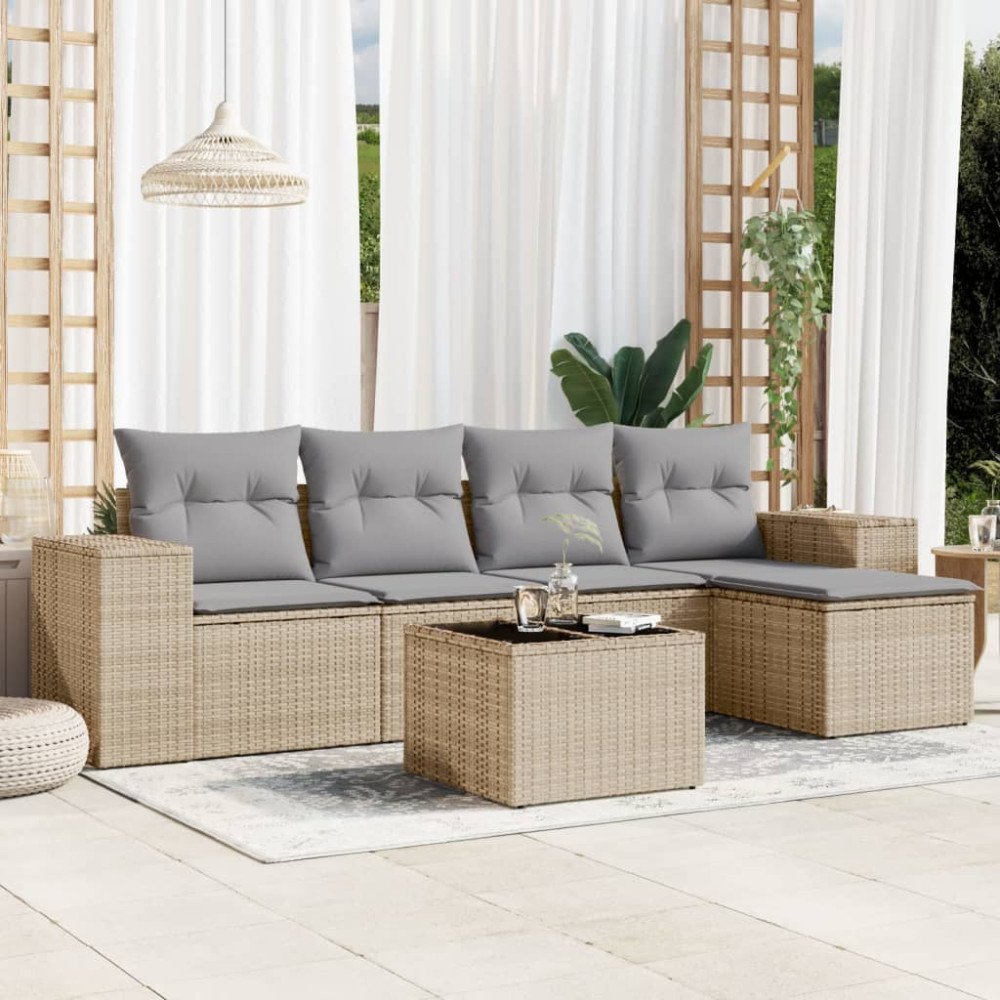 Produktbild för Soffgrupp för trädgården med dynor 6 delar beige konstrotting