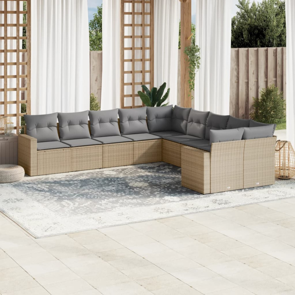 Produktbild för Soffgrupp för trädgård med dynor 10 delar beige konstrotting
