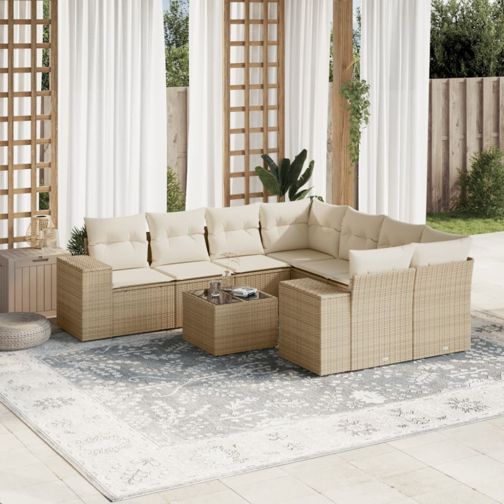 Produktbild för Soffgrupp för trädgården med dynor 9 delar beige konstrotting