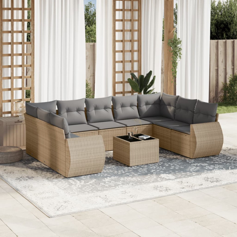 Produktbild för Soffgrupp för trädgård med dynor 10 delar beige konstrotting