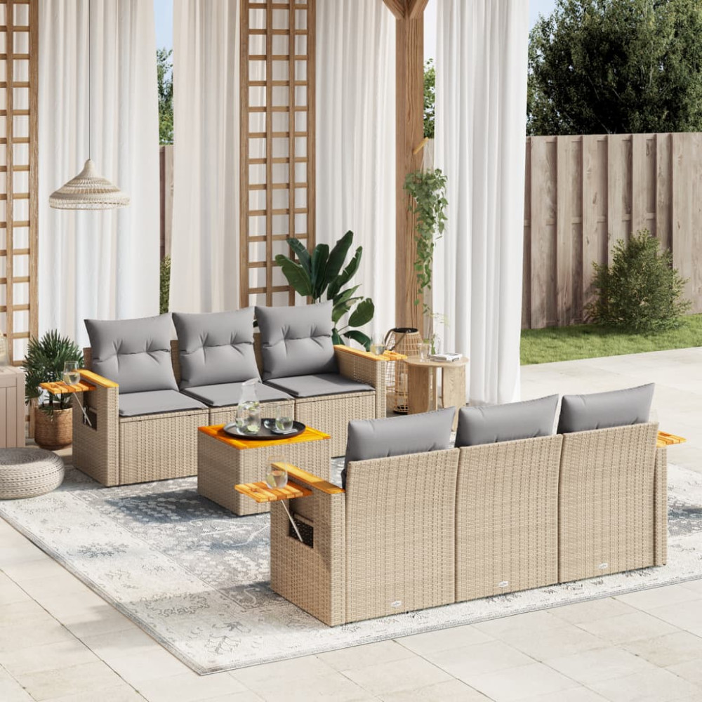 Produktbild för Matgrupp för trädgården med dynor 7 delar beige konstrotting