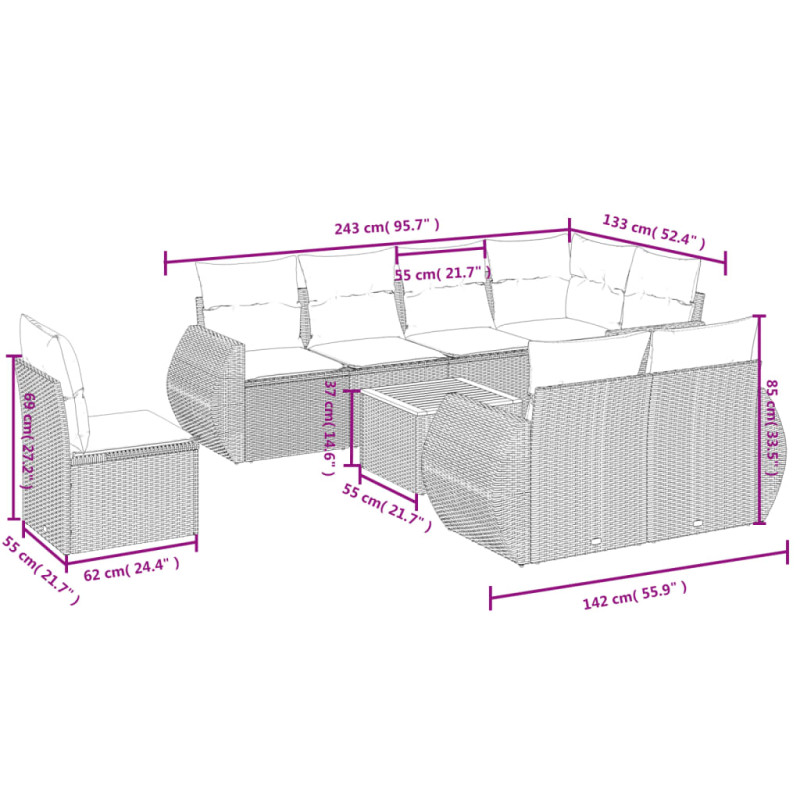 Produktbild för Loungegrupp för trädgården m dynor 9 delar grå konstrotting